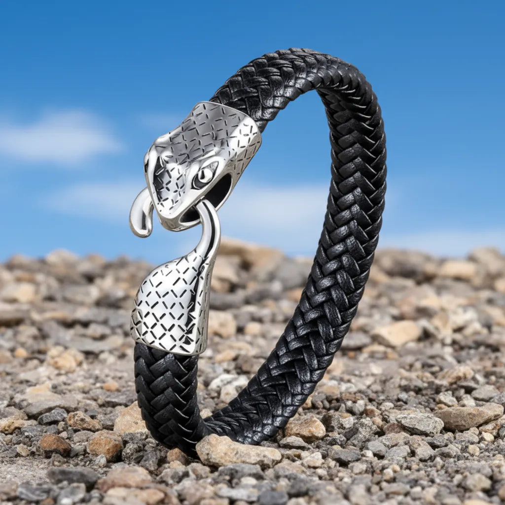 Bracelet Serpent Ouroboros en cuir tressé noir. Le fermoir en acier représente une tête de serpent.