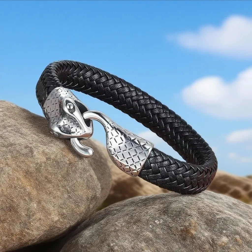 Bracelet Serpent Ouroboros en cuir tressé, posé à plat, vue inclinée du fermoir en acier sur le devant.