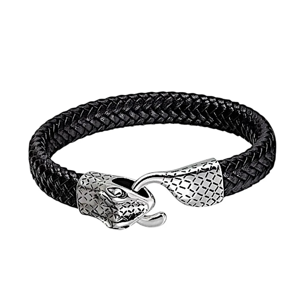 Bracelet Serpent Ouroboros en cuir tressé noir. Le fermoir crochet en acier inoxydable est vu de face.