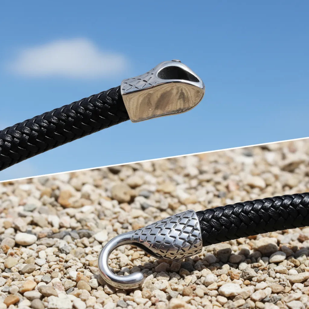 Bracelet Serpent Ouroboros en cuir, gros plan du tressage et des détails du fermoir en acier.