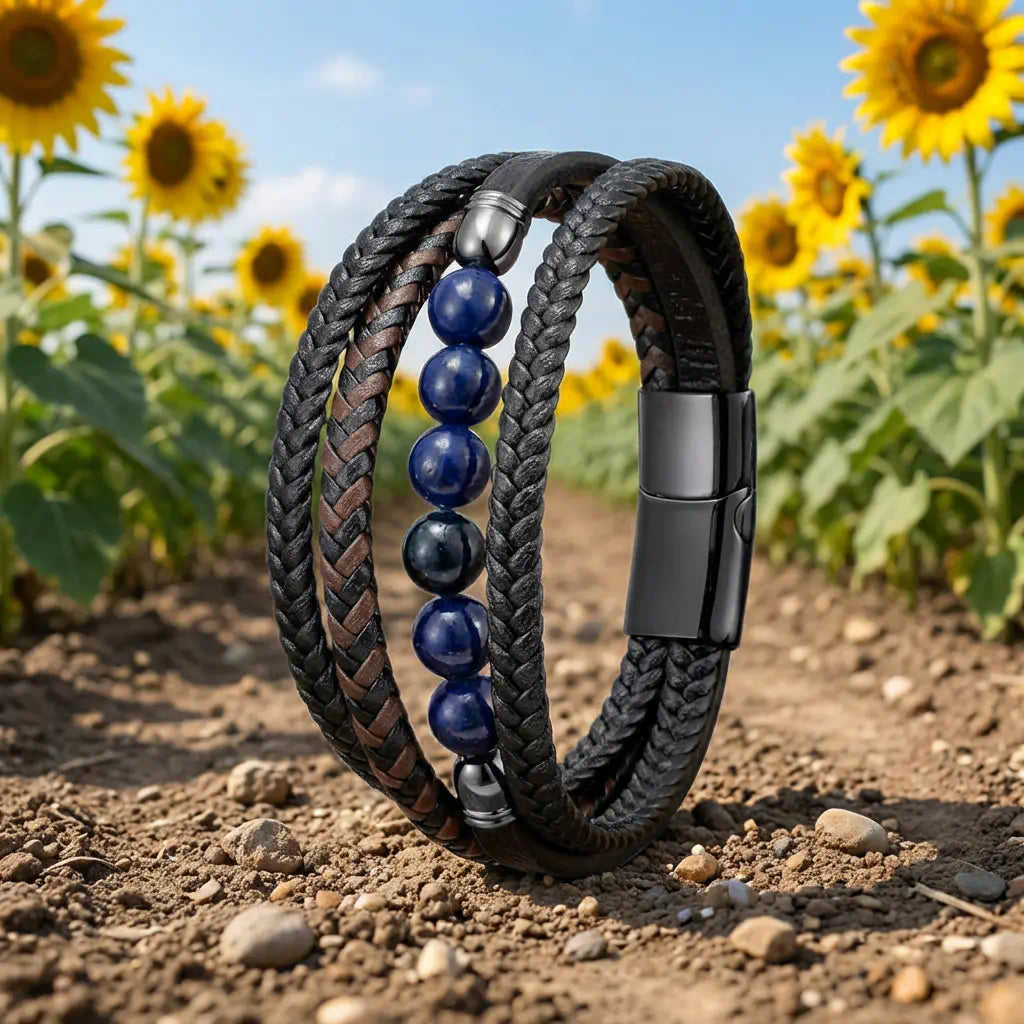 Silhouette audacieuse du bracelet Skar en équilibre sur une terre ocre, où le cuir supérieur et le lapis-lazuli défient l'horizon d'un champ de tournesols.