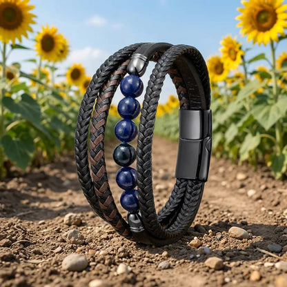 Silhouette audacieuse du bracelet Skar en équilibre sur une terre ocre, où le cuir supérieur et le lapis-lazuli défient l'horizon d'un champ de tournesols.