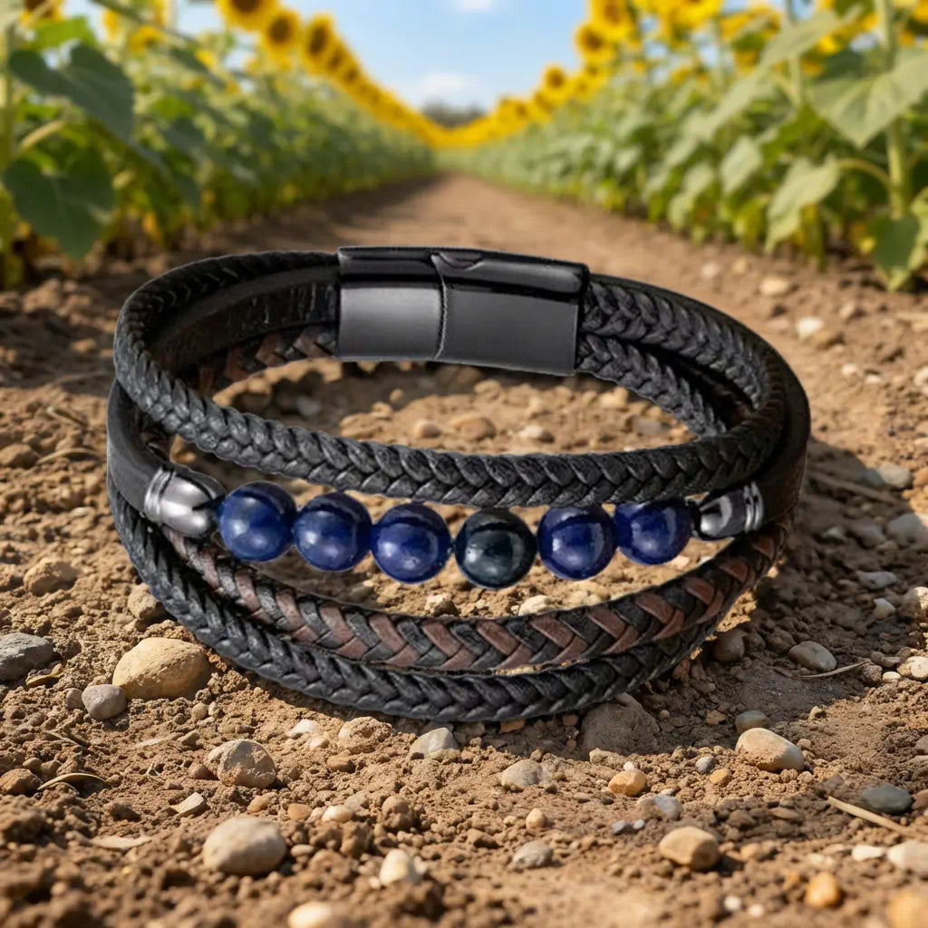 Vue du Bracelet Skar posé au sol sous un ciel bleu, révélant l'éclat des perles lapis-lazuli sur la texture du cuir noir.