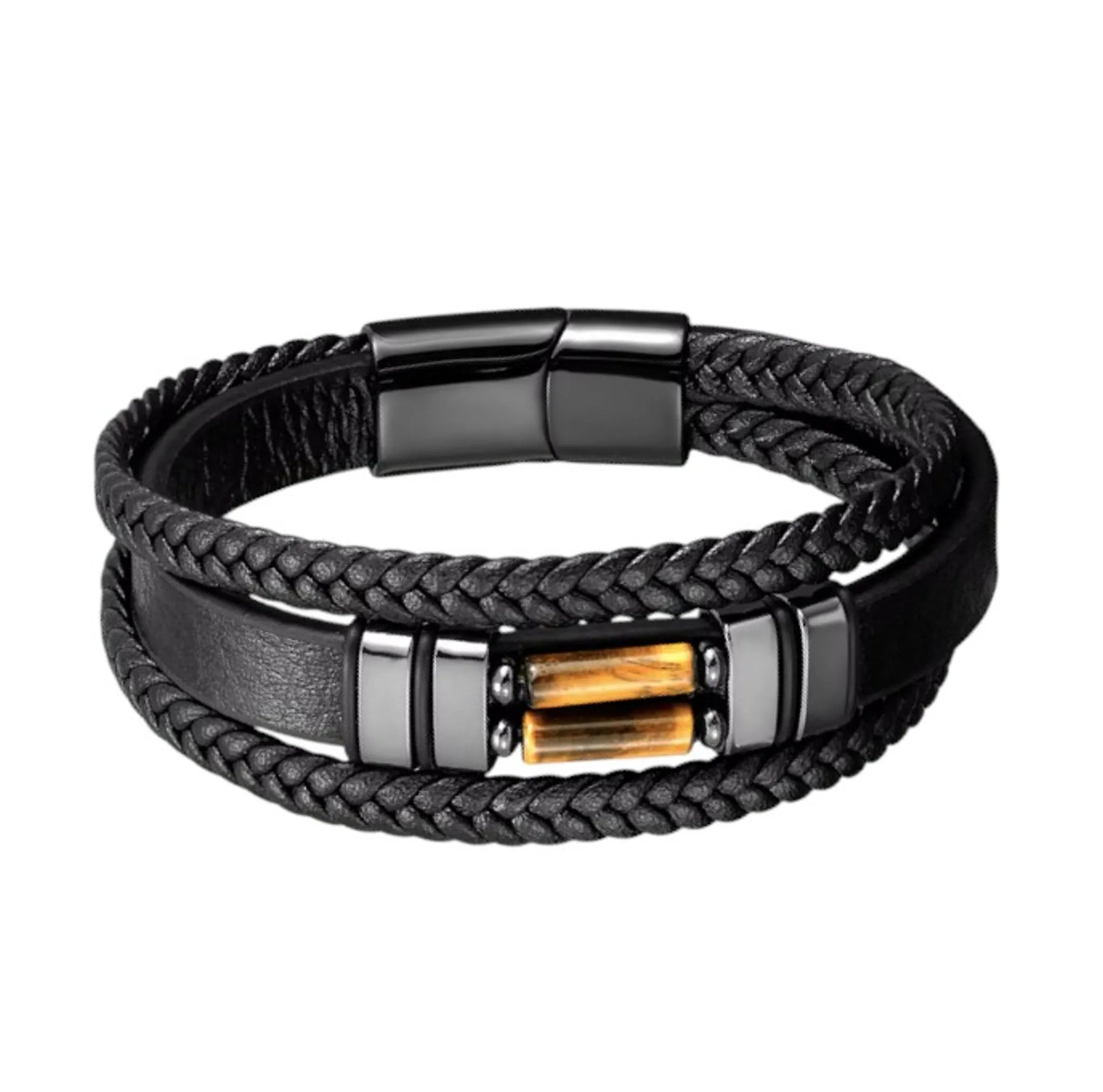 Portrait frontal du bracelet Solstice révélant l'architecture complexe de ses lanières en cuir tressé entourant une bande centrale ornée de cylindres d'oeil de tigre et de bagues d'acier poli, avec son fermoir magnétique noir en arrière-plan.