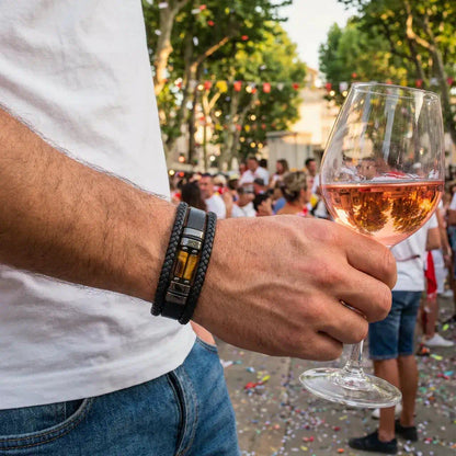 Gros plan du bracelet Solstice au poignet d'un homme tenant un verre de rosé, mettant en relief le contraste des pierres oeil de tigre sur le cuir texturé noir dans l'effervescence des allées biterroises.