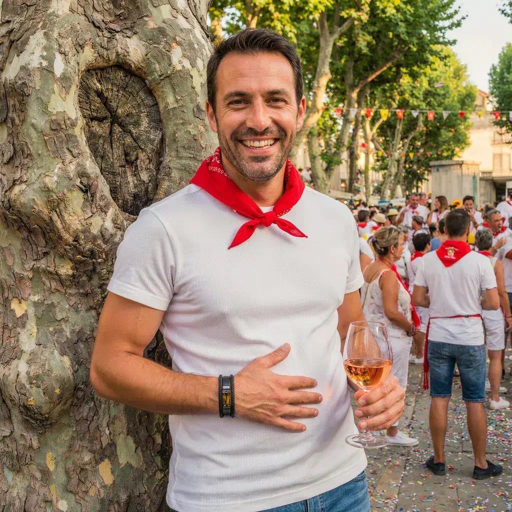 Un homme arborant fièrement le Solstice multi-rangs au poignet gauche, le sourire aux lèvres devant un platane, capturant l'élégance décontractée d'un après-midi festif à la féria.
