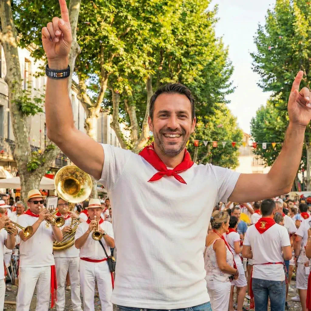 Vue du bracelet Solstice porté par un homme dansant les bras levés devant une fanfare, soulignant la souplesse du cuir et la robustesse du design souverain lors d'une célébration traditionnelle.