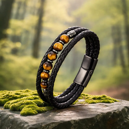 Détail du bracelet Talis multi-rangs en position inclinée. L'alignement parfait des six perles d'œil de tigre est mis en valeur, contrastant avec l'environnement brut (rocher et forêt).