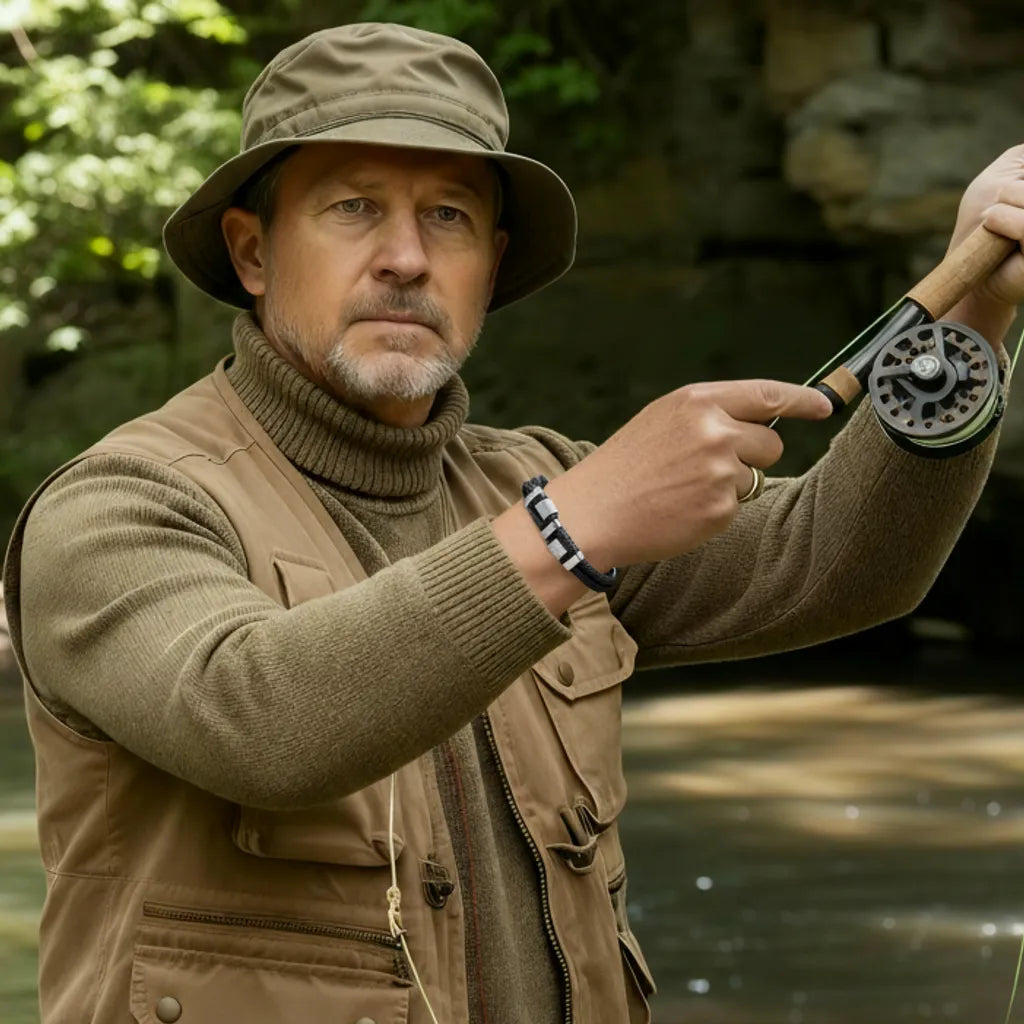 Scène de maîtrise. Le bracelet Talon à cylindres moletés est exposé au poignet de l'homme manipulant le fil de sa canne. Le grip du bracelet pour le geste parfait.