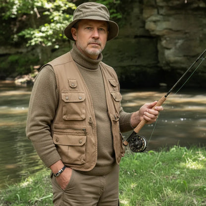 Plan d'action. L'homme concentré tenant sa canne. Le bracelet Talon cuir tressé et ses cylindres moletés affirment le lien avec la mécanique de la précision.