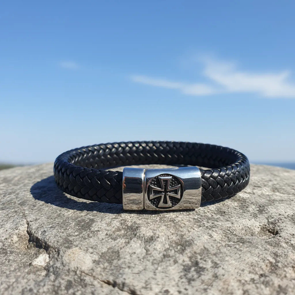 Vue de face du bracelet Templiers en cuir noir tressé avec fermoir magnétique Croix Pattée, posé sur un rocher sous un ciel bleu.
