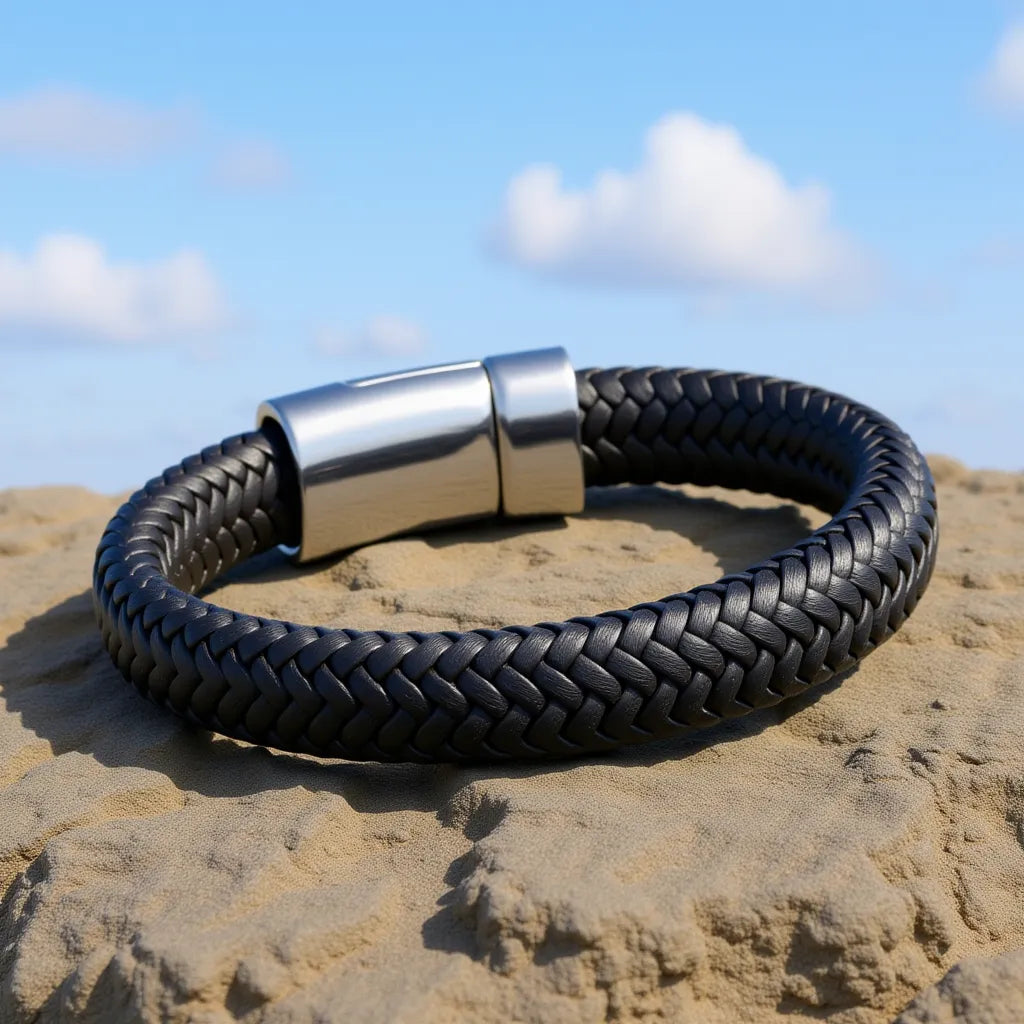 Vue arrière du fermoir magnétique en acier, et du cuir noir tressé du bracelet croix pattée, posé sur un rocher sous un ciel bleu nuageux.