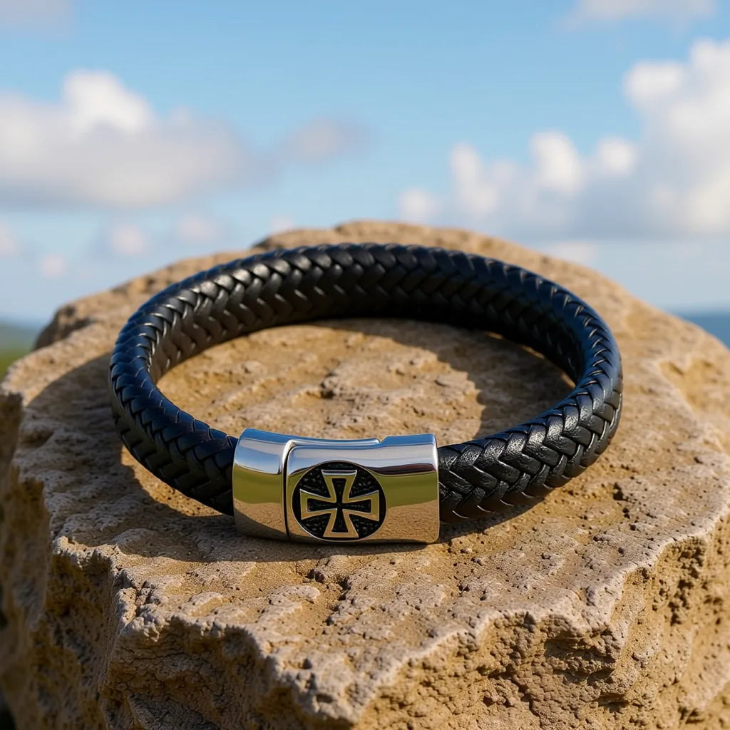 Vue de haut du fermoir magnétique argenté Croix Pattée du bracelet en cuir noir tressé, posé sur un rocher.