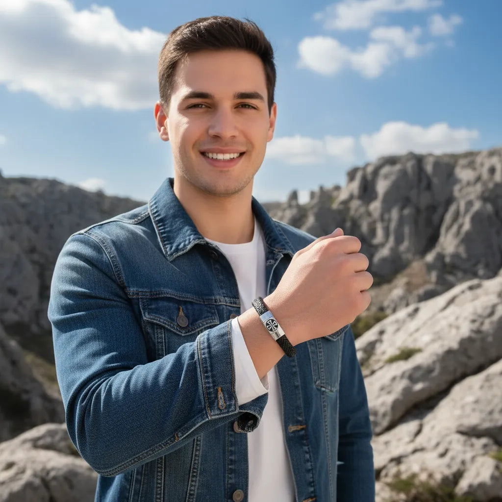 Jeune homme souriant en jean, de face, portant le bracelet Croix Pattée, cuir et détails du fermoir gravé.