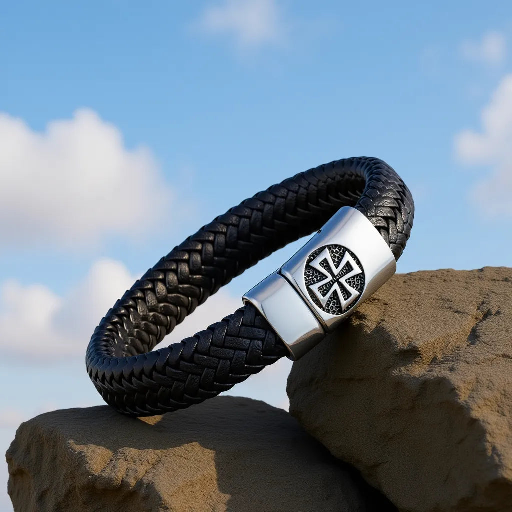 Bracelet Templiers incliné sur une pierre, montrant le cuir noir tressé et le fermoir gravé Croix Pattée sous ciel bleu nuageux.