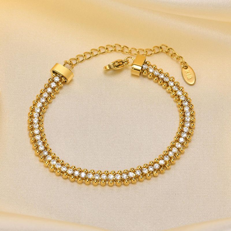 Bracelet tennis à chaîne bille en acier inoxydable plaqué or avec rivière zircone cubique - bracelet chaîne avec fermoir homard ouvert pour femme