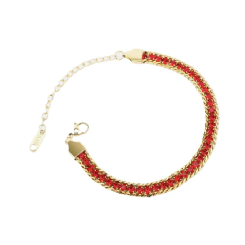 Bracelet tennis à maillons cubains Miami en acier inoxydable plaqué or avec rivière en zircone de couleur rouge