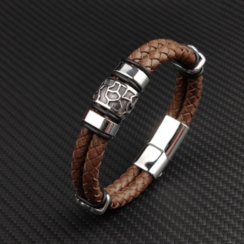 Bracelet en cuir marron avec charm terre aride pour homme - fermoir magnétique en acier inoxydable