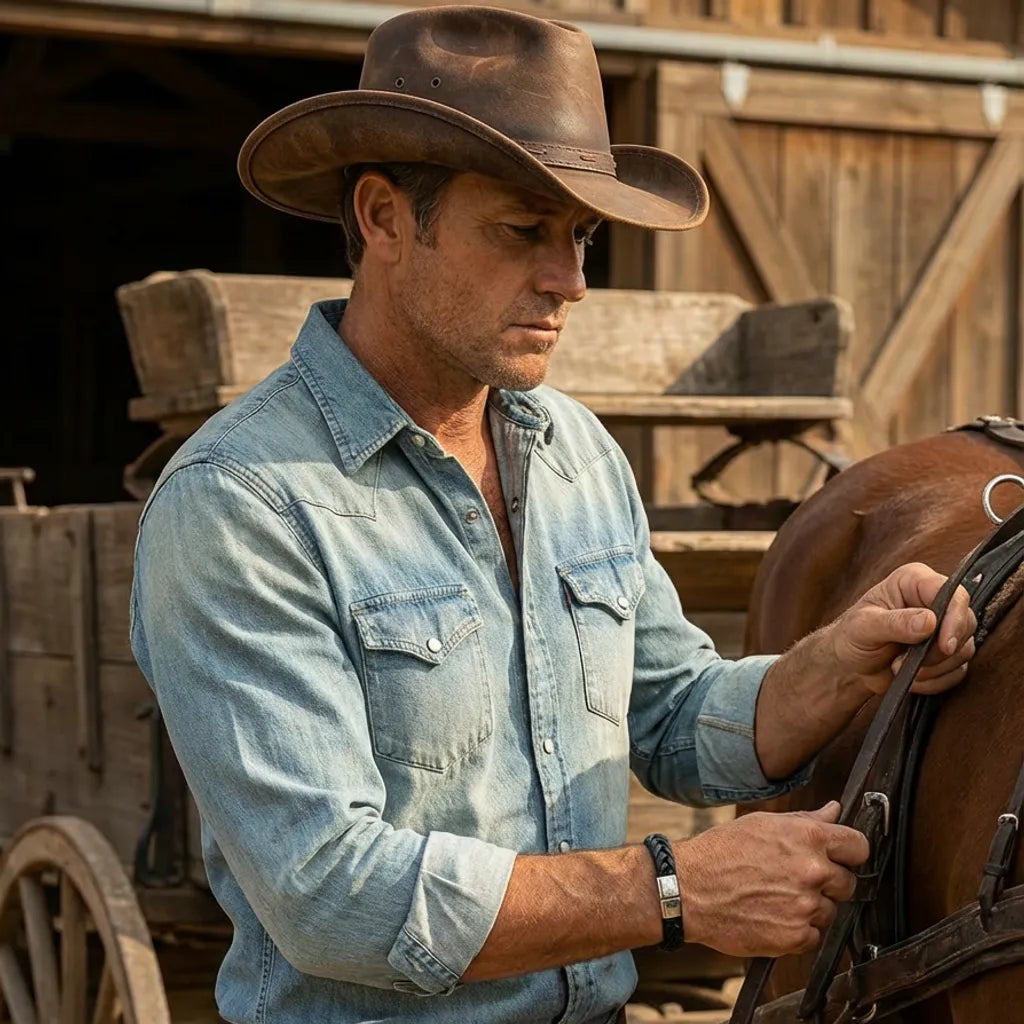 Scène de travail. L'homme vérifie l'attelage ; le bracelet Torc tressé et son fermoir en acier inoxydable argenté soulignent le poignet, symbole de la matière et du geste.