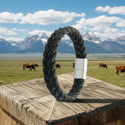 Ambiance champêtre. Le bracelet Torc cuir souple noir dressé sur un pilier de clôture. Le tressage rond à quatre lanières s'harmonise avec le paysage naturel et la montagne.