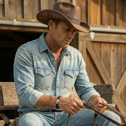 Vue portée authentique. L'homme, concentré sur son chariot, arbore le bracelet Torc cuir souple noir. Le tressage rond est la signature de son style au cœur de la grange.