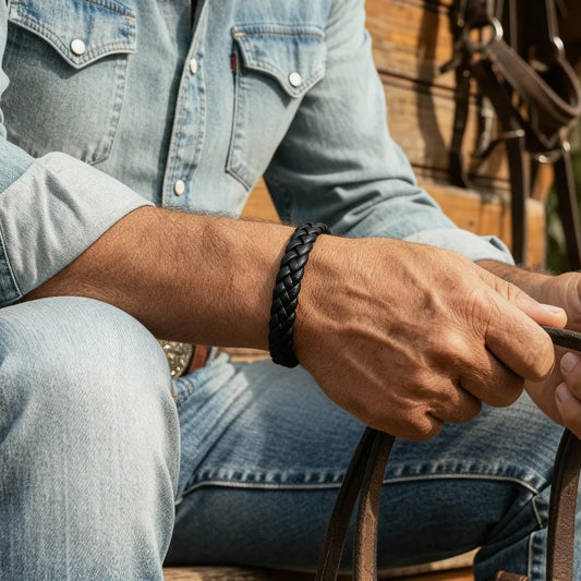 Très gros plan. Le bracelet Torc cuir souple noir porté, main sur les rênes. Le tressage rond à 4 lanières et le volume artisanal s'accordent au style brut du jean délavé.