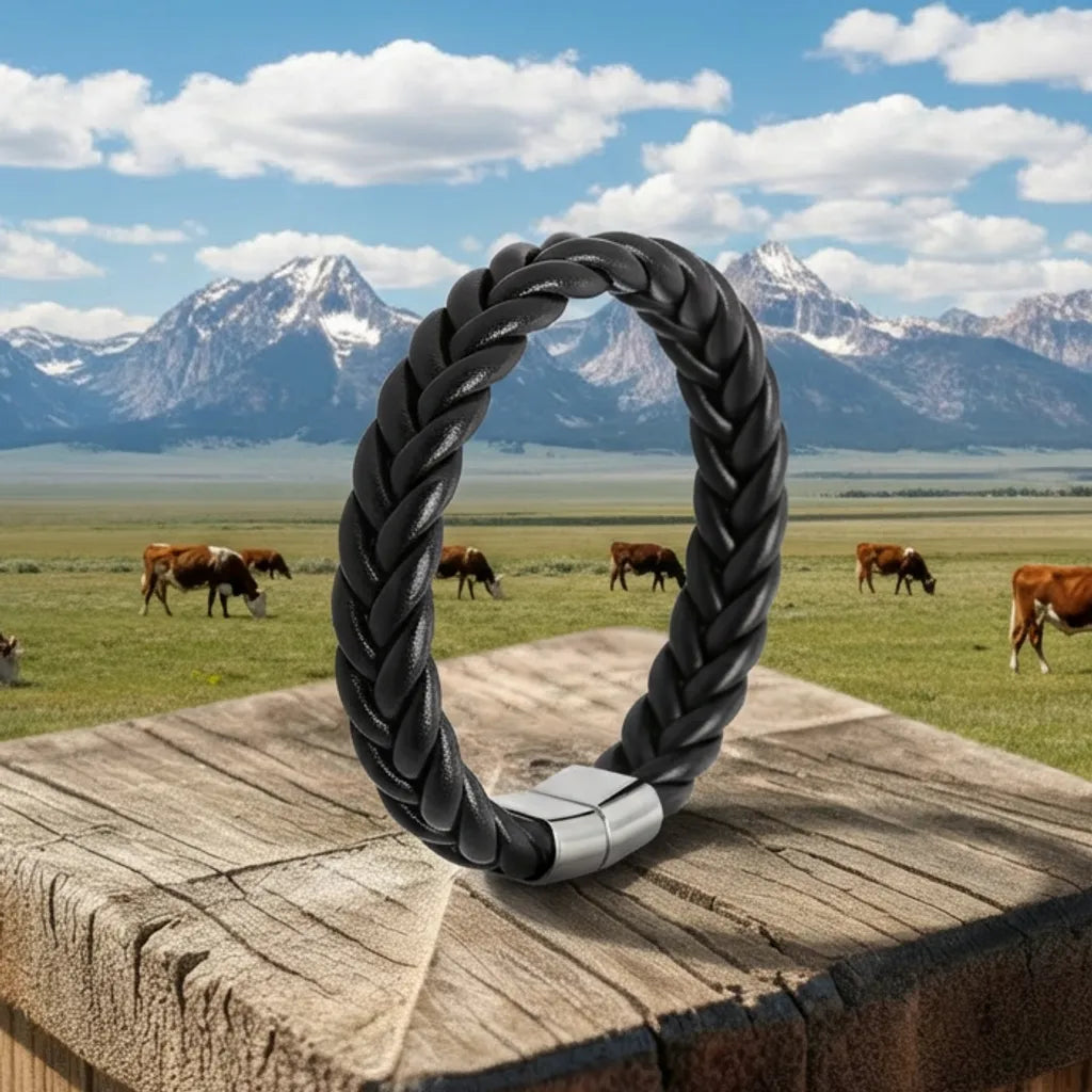 Symbiose naturelle. Le bracelet Torc cuir souple noir en équilibre sur le fermoir en acier poli. Le tressage rond se détache sur le fond de la montagne sous un ciel nuageux.