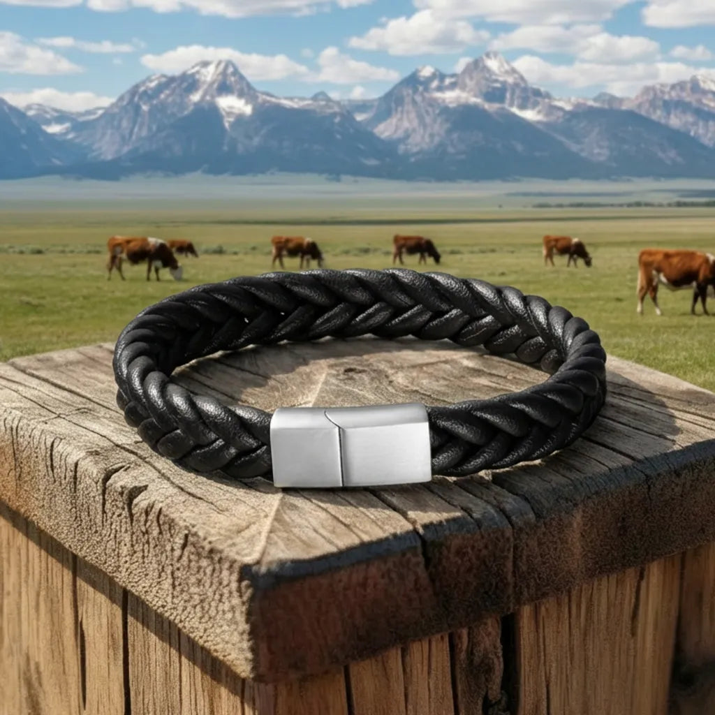 Vue en extérieur. Le bracelet Torc posé à plat sur le bois, son volume artisanal et son fermoir en acier inoxydable en premier plan, face à la prairie et aux vaches.