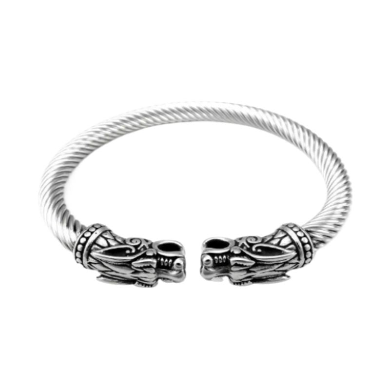 Bracelet torque viking avec têtes de dragon nordique en acier inoxydable - jonc ouvert façon câble torsadé - manchette de coloris argent