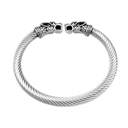 Bracelet torque viking avec têtes de dragon nordique en acier inoxydable - jonc ouvert torsadé - manchette câble argenté