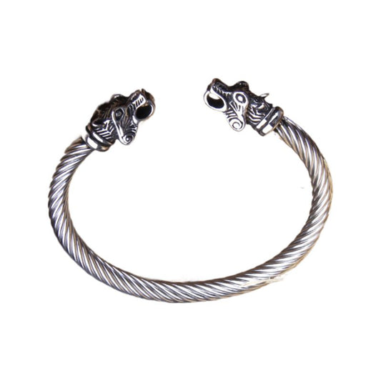 Bracelet torque viking avec têtes d'ours nordique en acier inoxydable - jonc ouvert façon câble torsadé - manchette de coloris argent