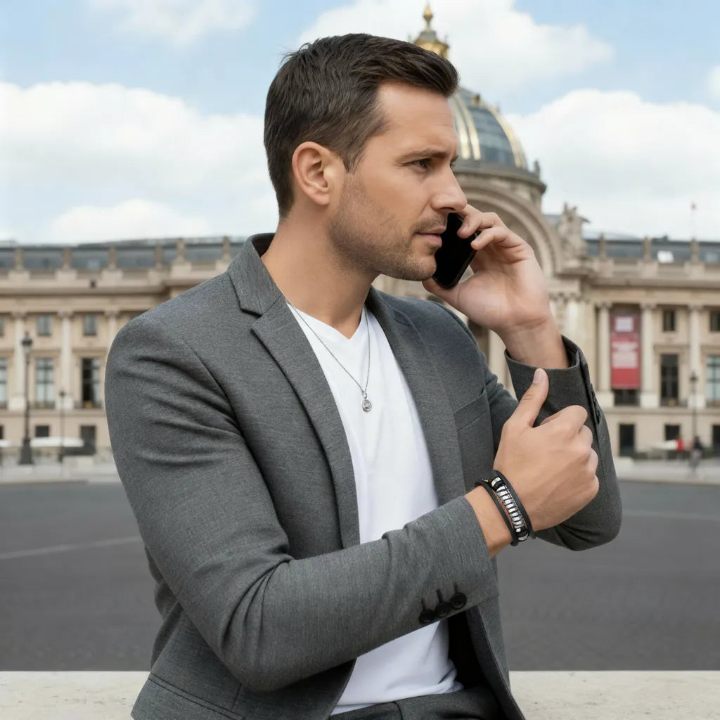 Élégance en mouvement. Le bracelet Torus cuir texturé noir avec son ressort acier visible au poignet d'un homme au téléphone, reflet de la vie urbaine.
