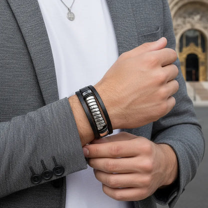 Très gros plan. Le bracelet Torus cuir texturé noir au poignet, poing fléchi. Un ressort acier qui insuffle le dynamisme devant le Grand Palais.