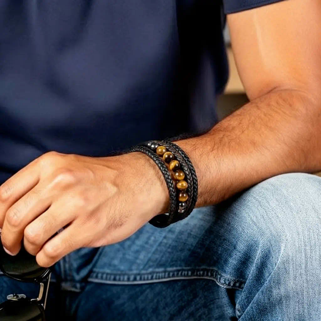 Macro du bracelet Vorg au poignet : quatre rangs de cuir noir souple encadrent six perles oeil de tigre jaune brun. Contraste de textures entre cuir tressé et coton piqué d'un polo marine.