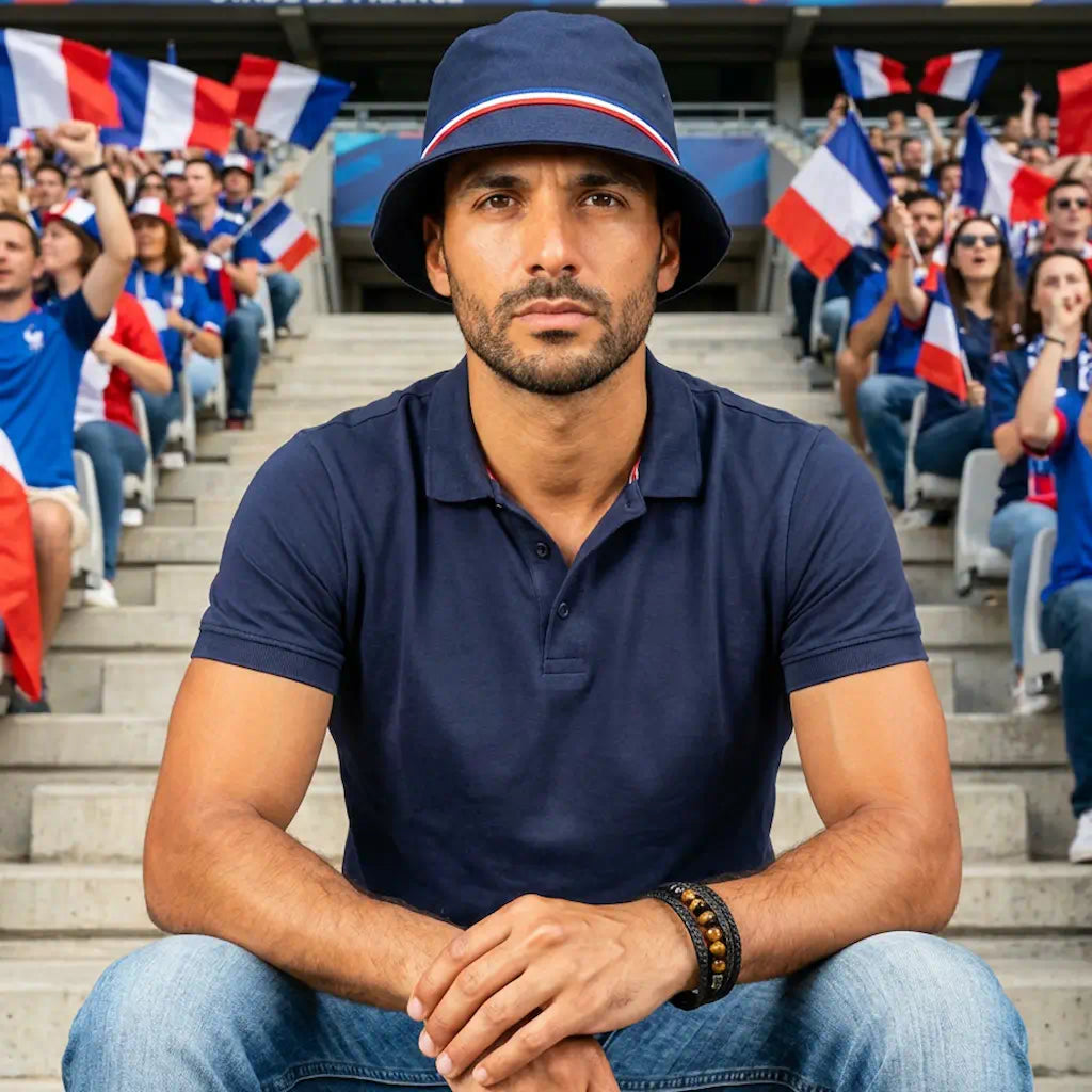 Focus poignet : bracelet Vorg en cuir noir texturé et gemmes oeil de tigre. Accessoire robuste porté comme un emblème de caractère face aux tribunes du Stade de France.