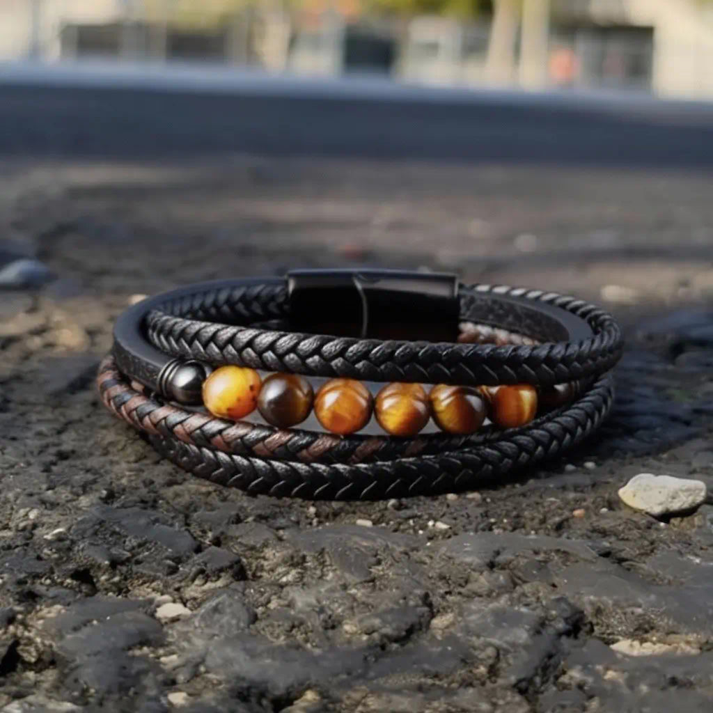 Vue plongeante du bracelet Vorg à plat sur une surface goudronnée rugueuse. Le contraste entre le cuir noir et les sphères minérales chatoyantes souligne une esthétique brute, magnifiée par la lumière du jour.