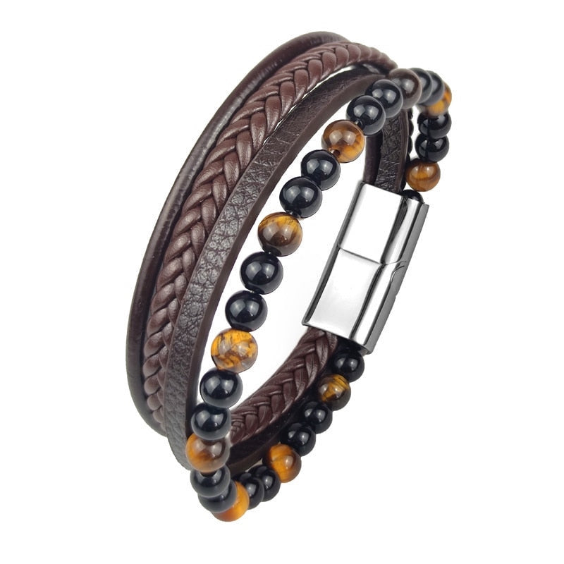 Bracelet en cuir marron pour homme avec perles œil de tigre jaune et agate noire – fermoir magnétique en acier argenté.