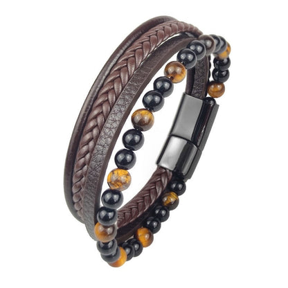 Bracelet en cuir marron pour homme avec perles œil de tigre jaune et agate noire – fermoir magnétique en acier noir