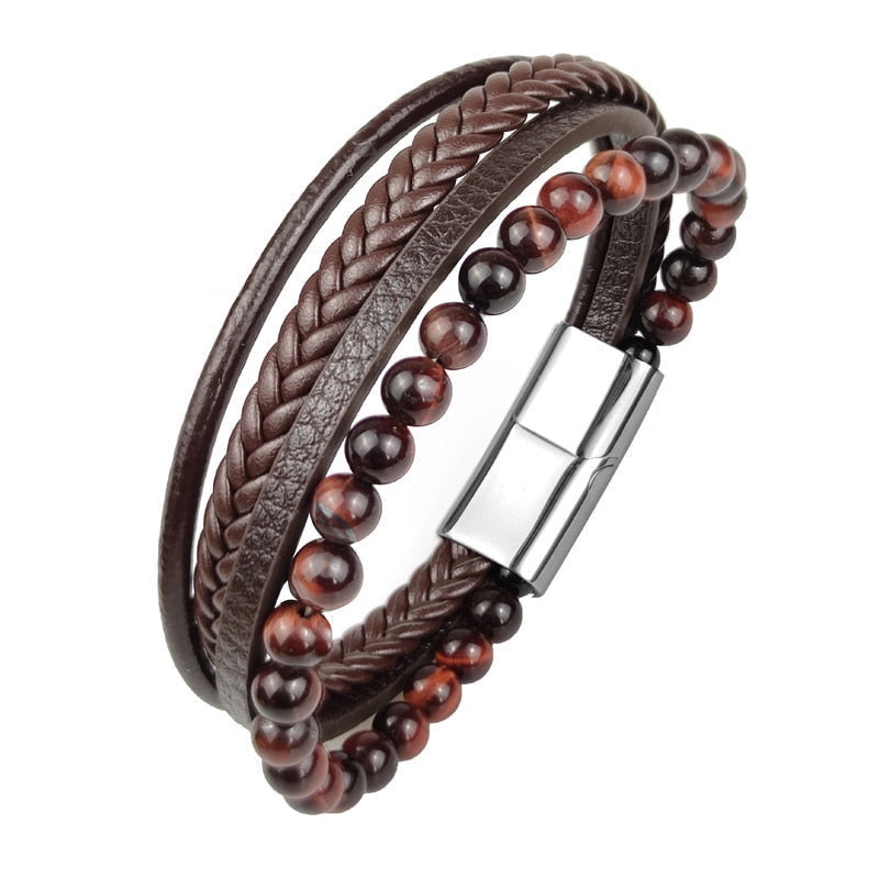 Bracelet multilanière en cuir marron, wrap pour homme avec perles œil de tigre rouge – fermoir magnétique en acier noir