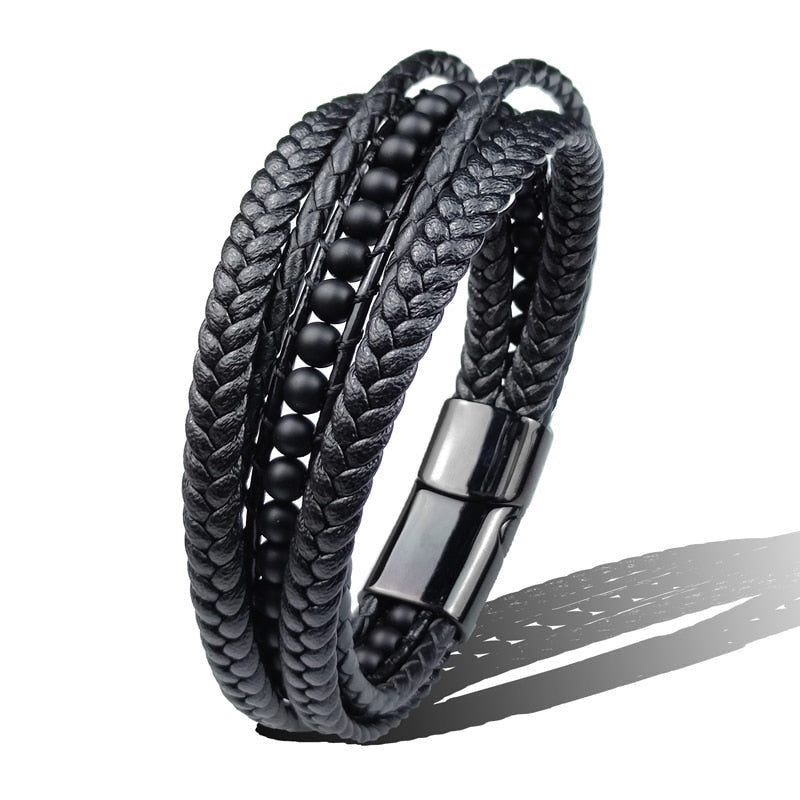 Bracelet wrap homme avec lanières en cuir tressés noir – perles pierres agate – coloris noir.