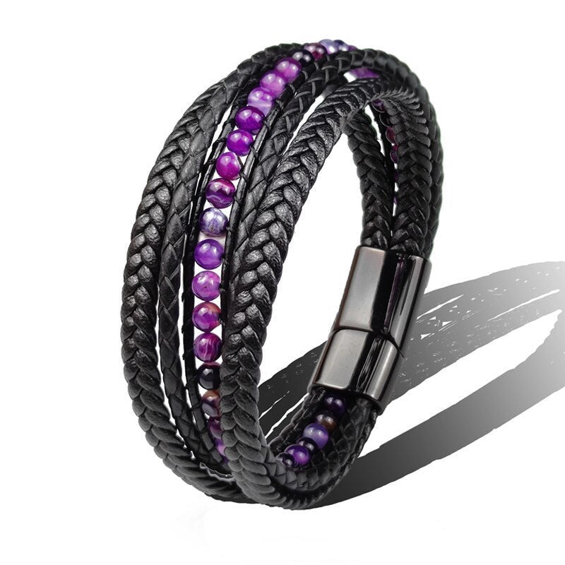 Bracelet wrap homme avec lanières en cuir tressés noir – perles pierres agate – coloris violet.