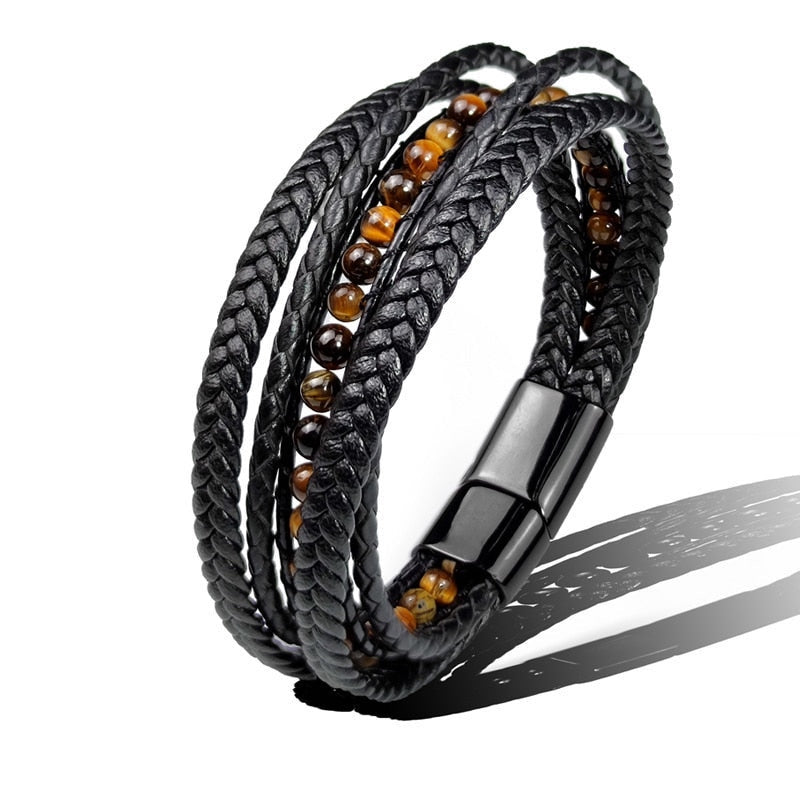 Bracelet wrap homme avec lanières en cuir tressés noir – perles pierres œil de tigre – coloris jaune.