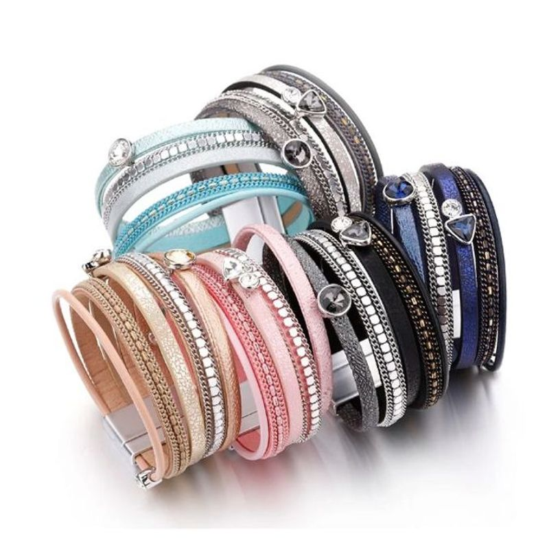 Bracelets cristal strass, wrap en cuir PU pour femme avec fermoir magnétique - six coloris aux choix , bleu marine, gris, turquoise, noir, rose et beige champagne.