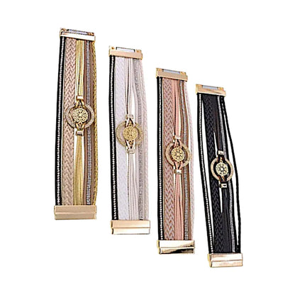 Collection de bracelets Rosace Gothique multi-rangs cuir microfibre, coloris doré, argenté, beige et noir, breloques rosace dorées et strass.