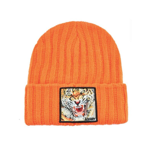 Bonnet Tigre en laine acrylique, doux et chaud - écusson carré brodé Tigre Angry - coloris orange