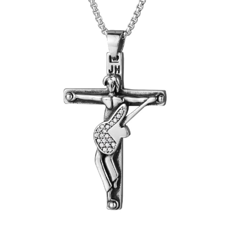 Collier Rock JH avec pendentif à croix crucifix et guitare - acier inoxydable et zircone - coloris blanc et argent