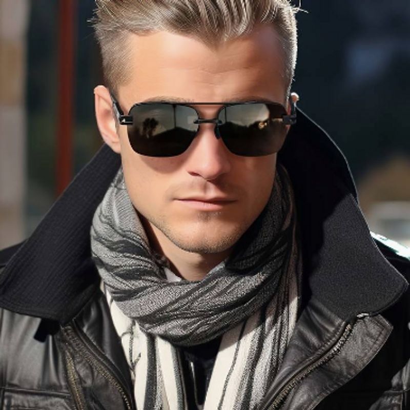 Vu de face d'une paire de lunettes de soleil pliées à demi-monture carrées en métal noir sur le nez d'un homme aux cheveux blonds