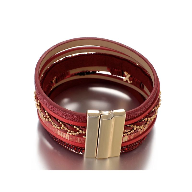 Bracelet mauvais œil Miyuki, wrap bohème femme multilanière en cuir Pu avec fermoir doré magnétique en alliage métallique - coloris rouge.