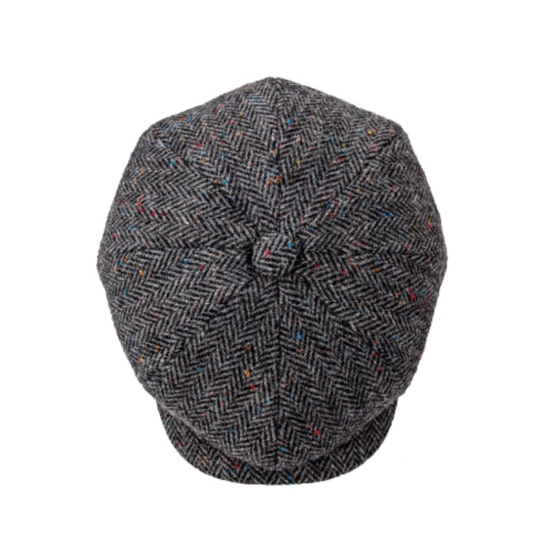 Vu de haut du bouton top de la casquette irlandaise Bulger - Béret à visière avec chevrons mouchetés en laine mélangée de qualité - homme - coloris gris anthracite
