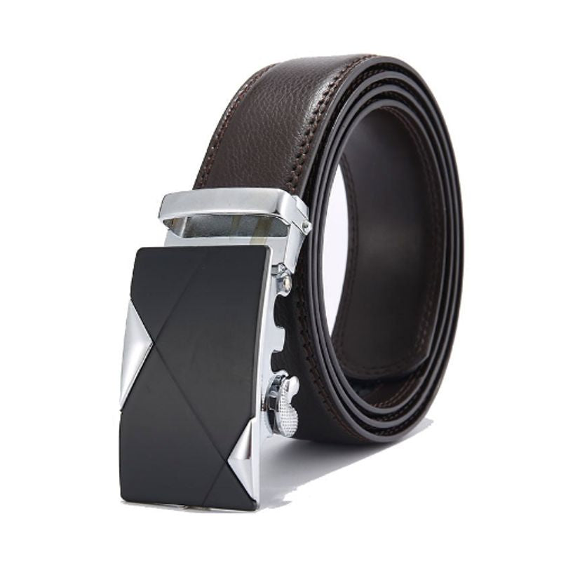 Ceinture en cuir marron Arnaud avec boucle rectangulaire à verrouillage automatique pour homme - coloris argent et noir